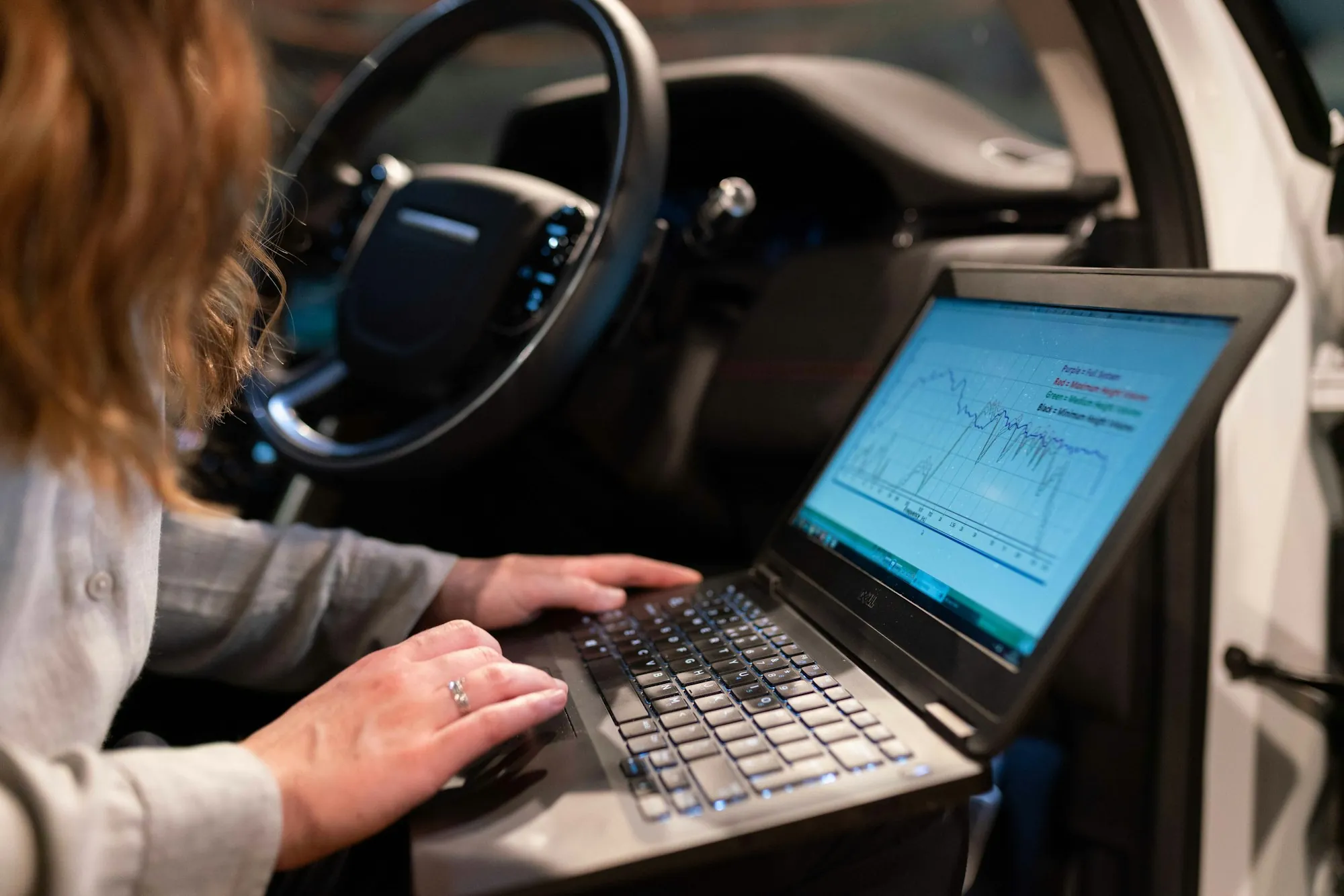 Technician working at a laptop wired to a vehicle's diagnostic port